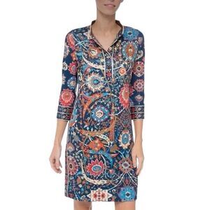 Gretchen Scott Jersey Mandarin Dress Magic Carpet Navy Multi print Stretch XS